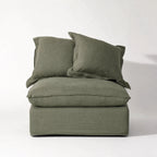 Lotus Modular Sofa Centre cushions in olive Belgian linen upholstery.