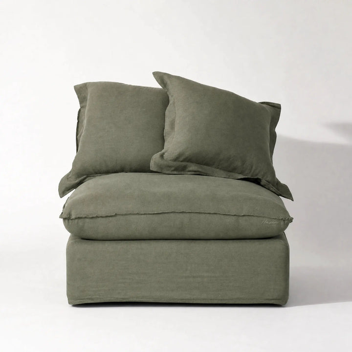 Lotus Modular Sofa Centre cushions in olive Belgian linen upholstery.