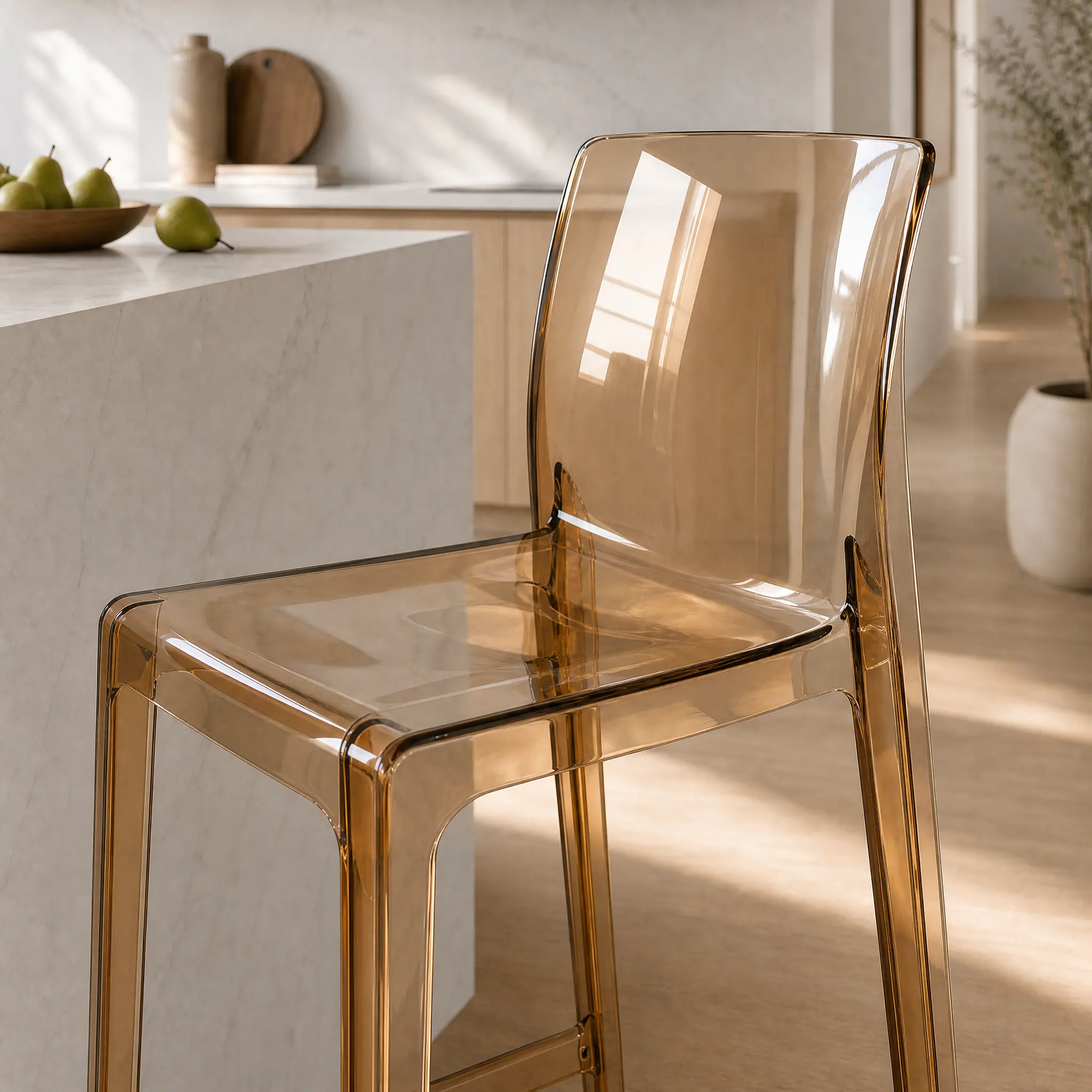 Jupiter Counter Stool in transparent amber polycarbonate, modern, light design for small NZ kitchens.
