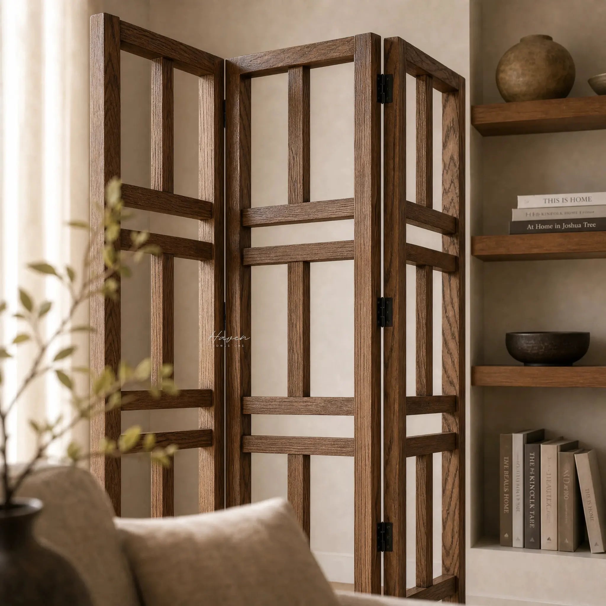 Shoji Room Divider in reclaimed elm with grainy panels, adds warmth and light to an open living space.