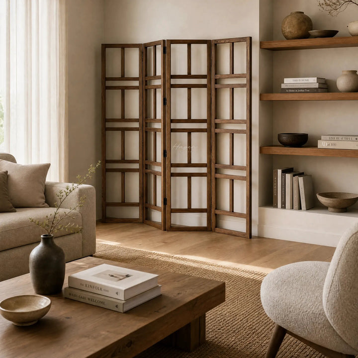 Shoji room divider panels in warm reclaimed elm with a grid design in a cozy living room.