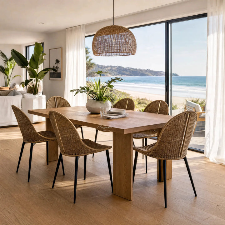 Celeste Dining Chair with natural woven rattan and slim black metal legs at a coastal dining table.