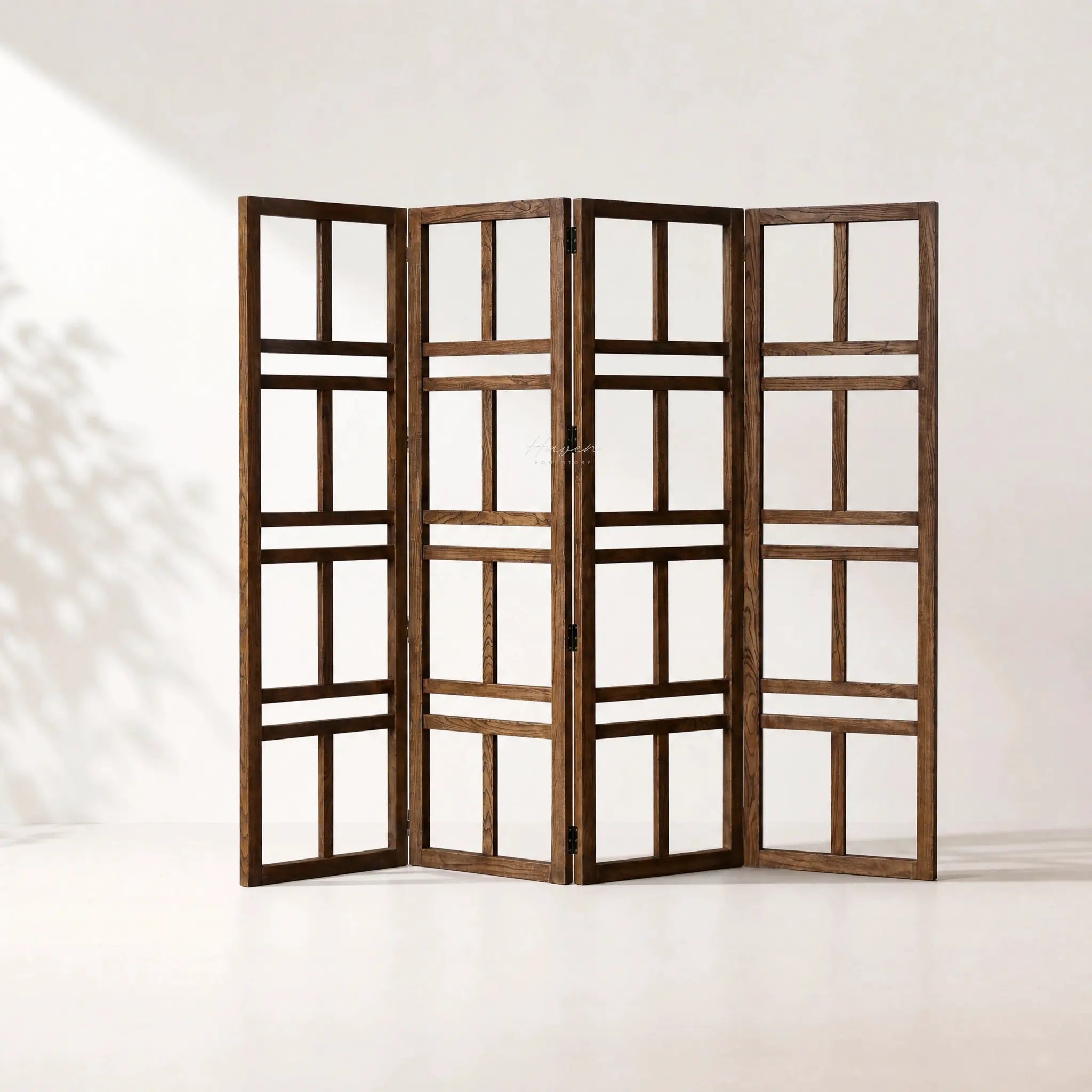 Shoji Room Divider in reclaimed elm with rich grain and lived-in character; warm, natural tones; hinged panels.