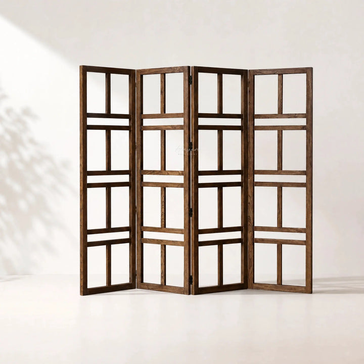 Shoji Room Divider in reclaimed elm with rich grain and lived-in character; warm, natural tones; hinged panels.