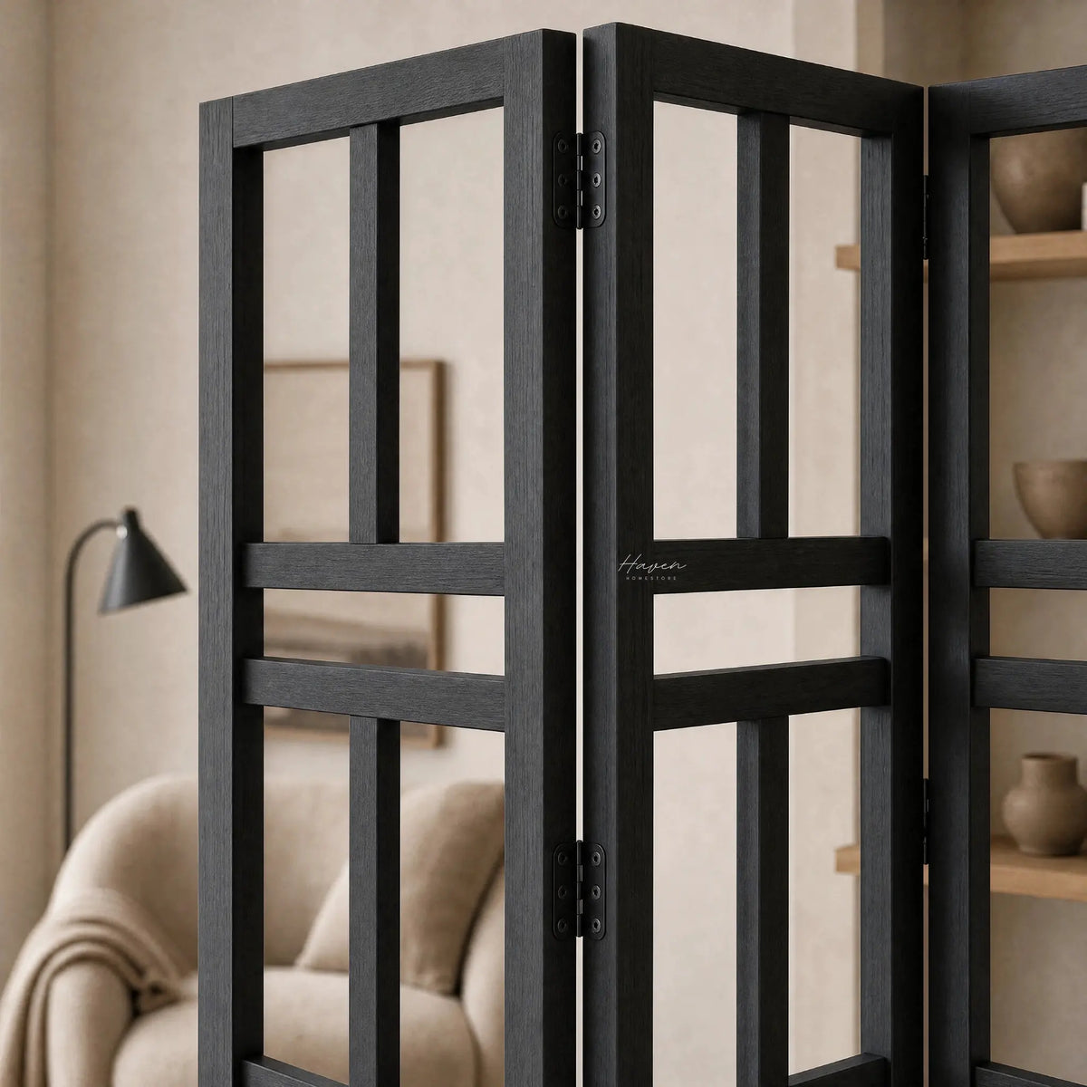 Black Shoji room divider with a reclaimed elm frame and grid panels.