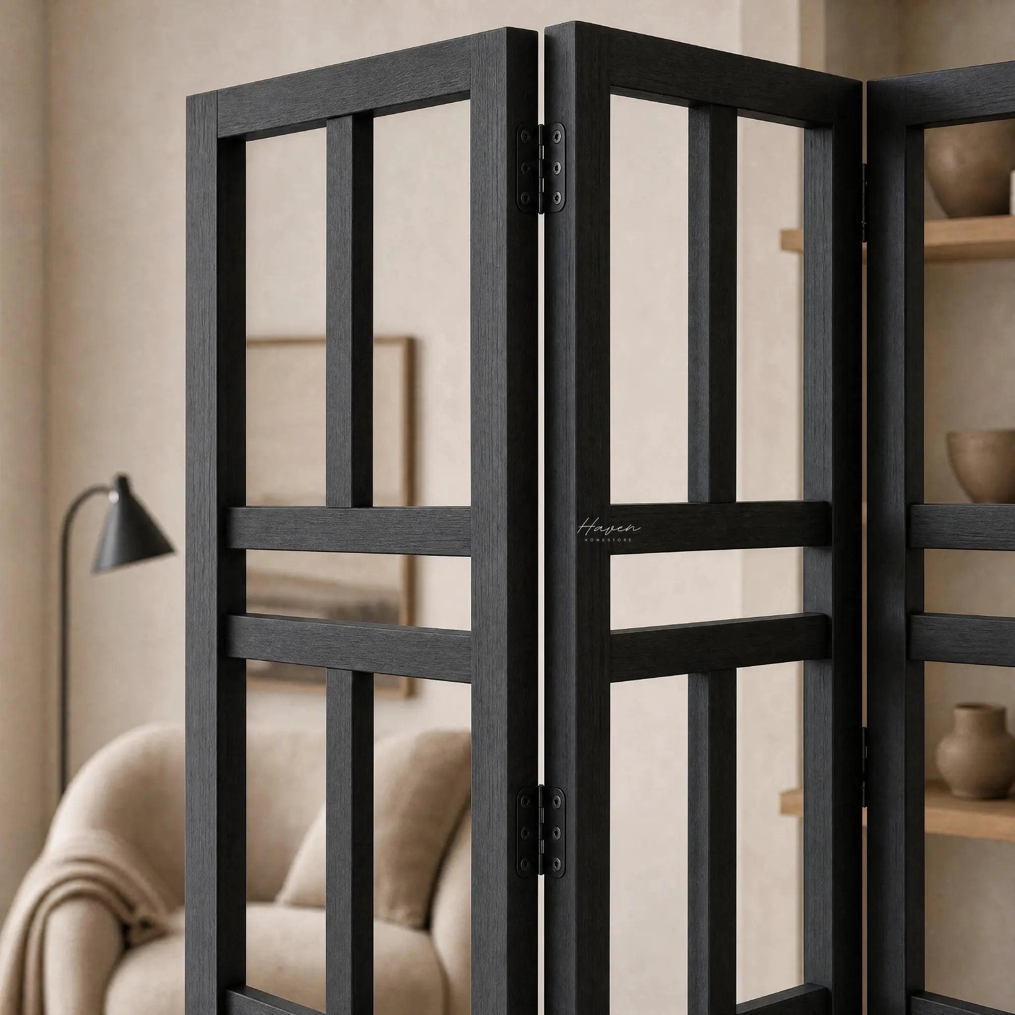 Black Shoji room divider with a reclaimed elm frame and grid panels.