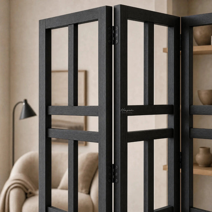 Black Shoji room divider with a reclaimed elm frame and grid panels.