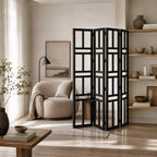 Shoji Room Divider - Black with reclaimed elm panels in an open-plan living space.