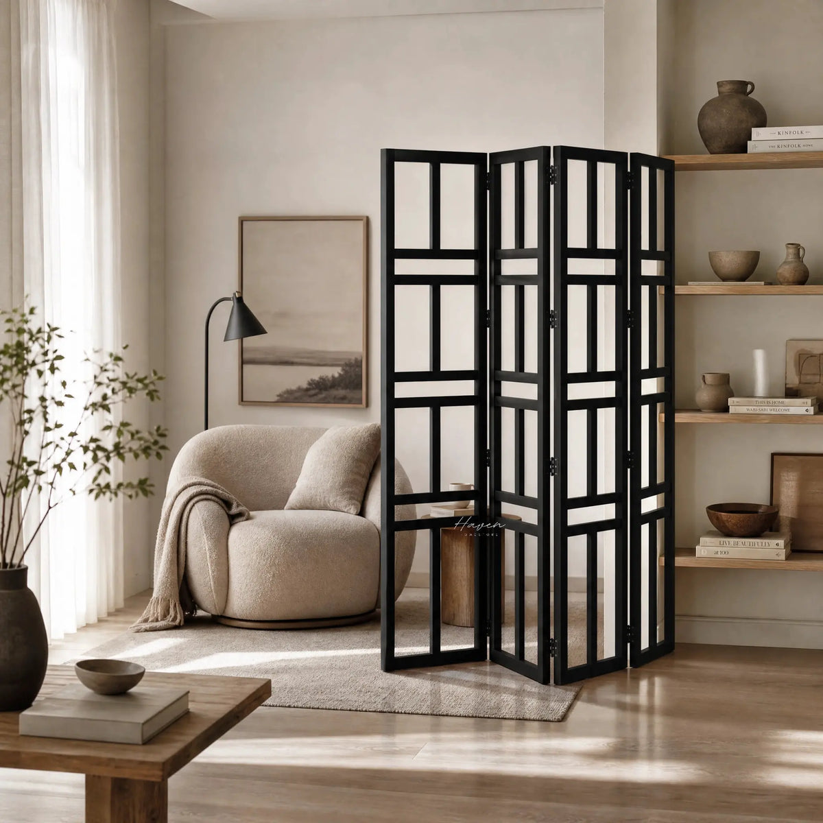 Shoji Room Divider - Black with reclaimed elm panels in an open-plan living space.