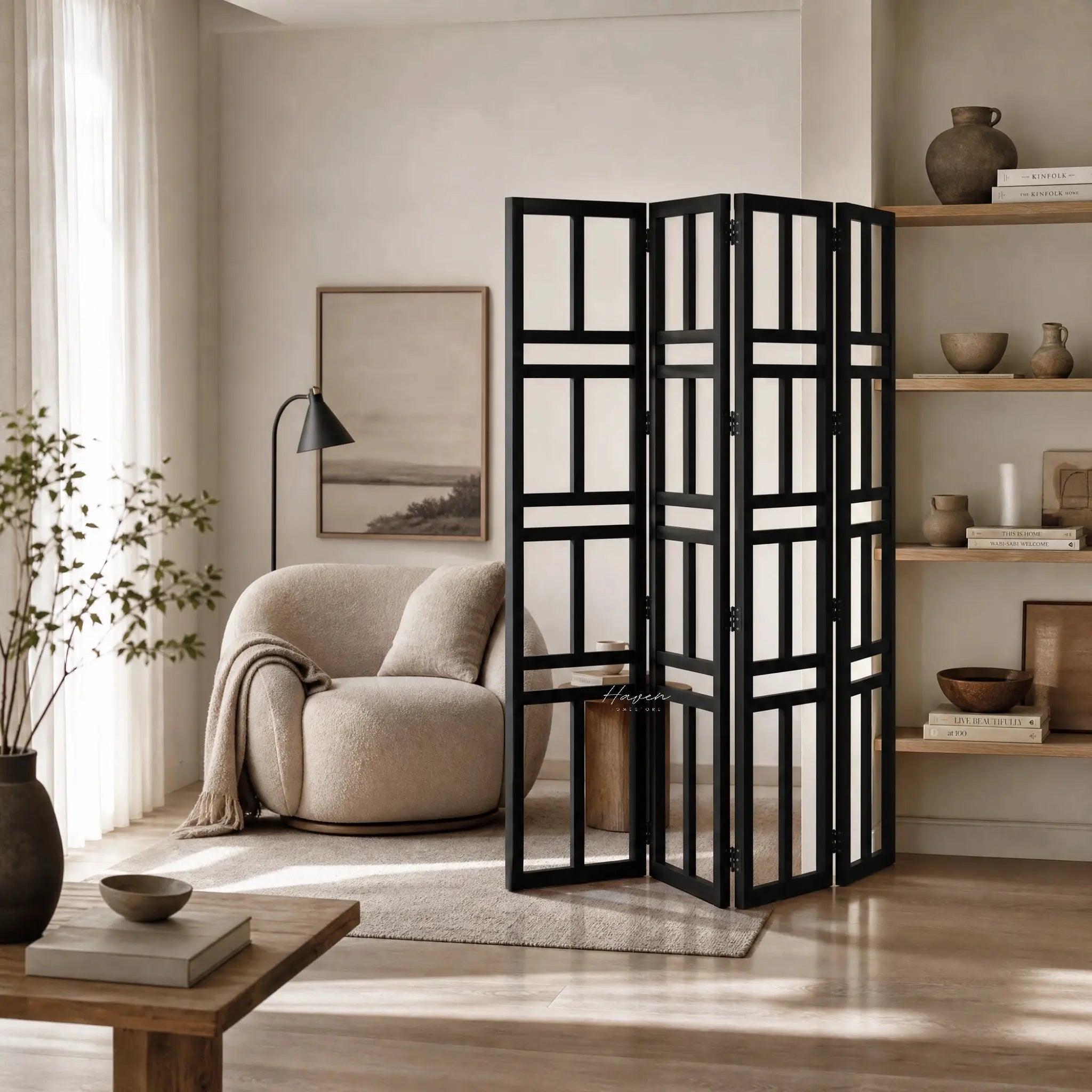 Shoji Room Divider - Black with reclaimed elm panels in an open-plan living space.