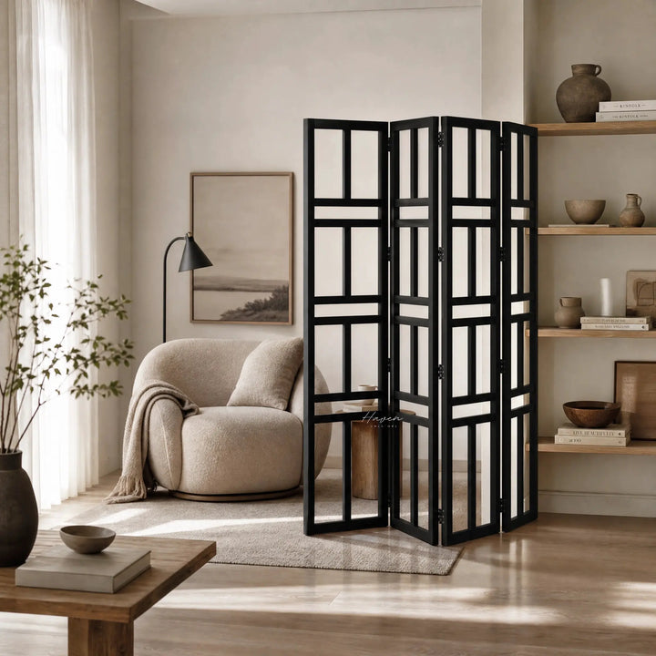 Shoji Room Divider - Black with reclaimed elm panels in an open-plan living space.