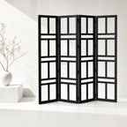 Black Shoji room divider with stacked rectangular panels forming a multi-panel screen.