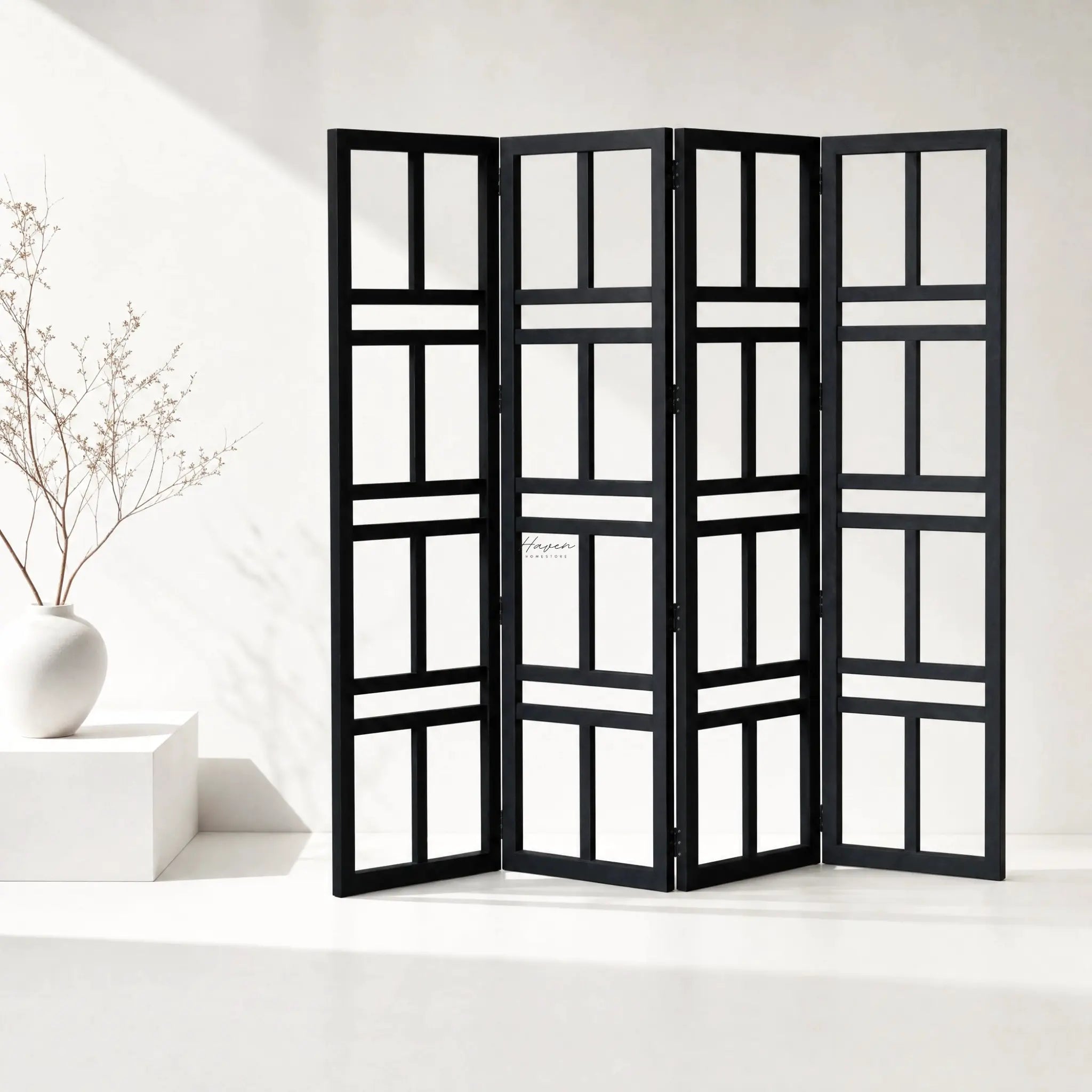 Black Shoji room divider with stacked rectangular panels forming a multi-panel screen.