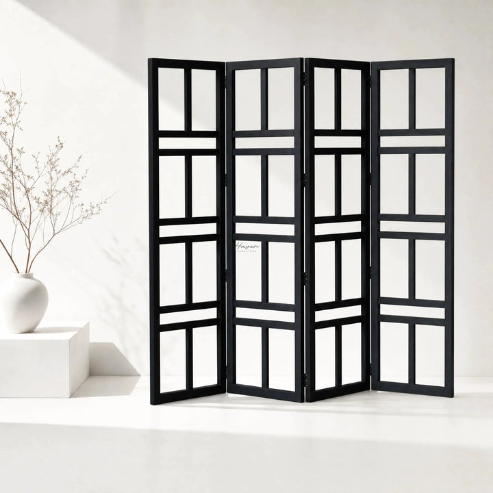 Black Shoji room divider with stacked rectangular panels forming a multi-panel screen.