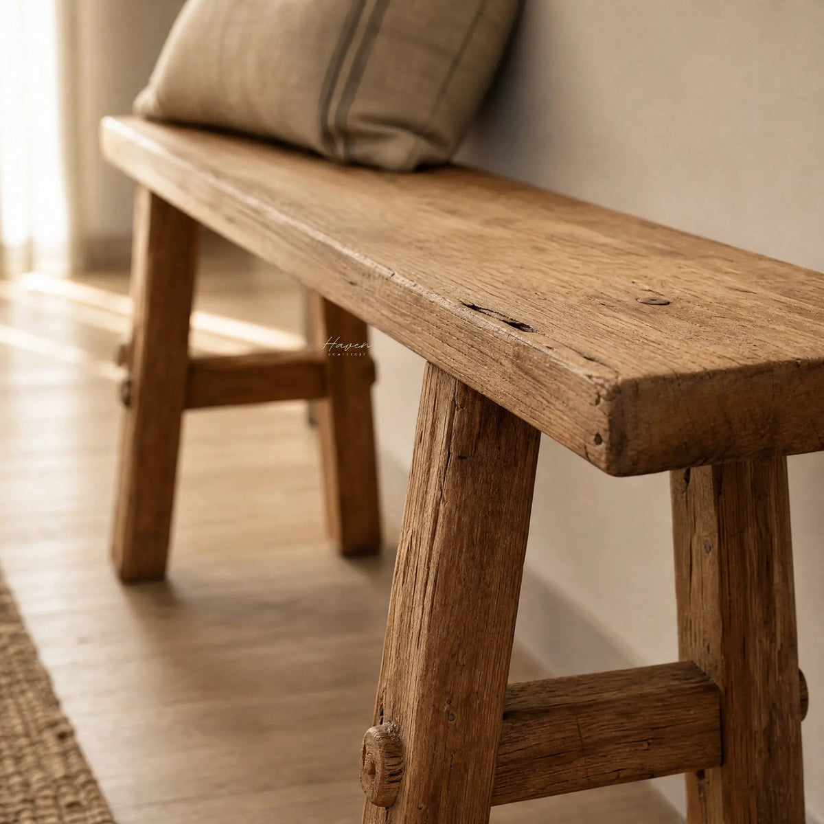 Reclaimed Wood Bench 80 in elm; warm grain, markings, and simple, durable form.