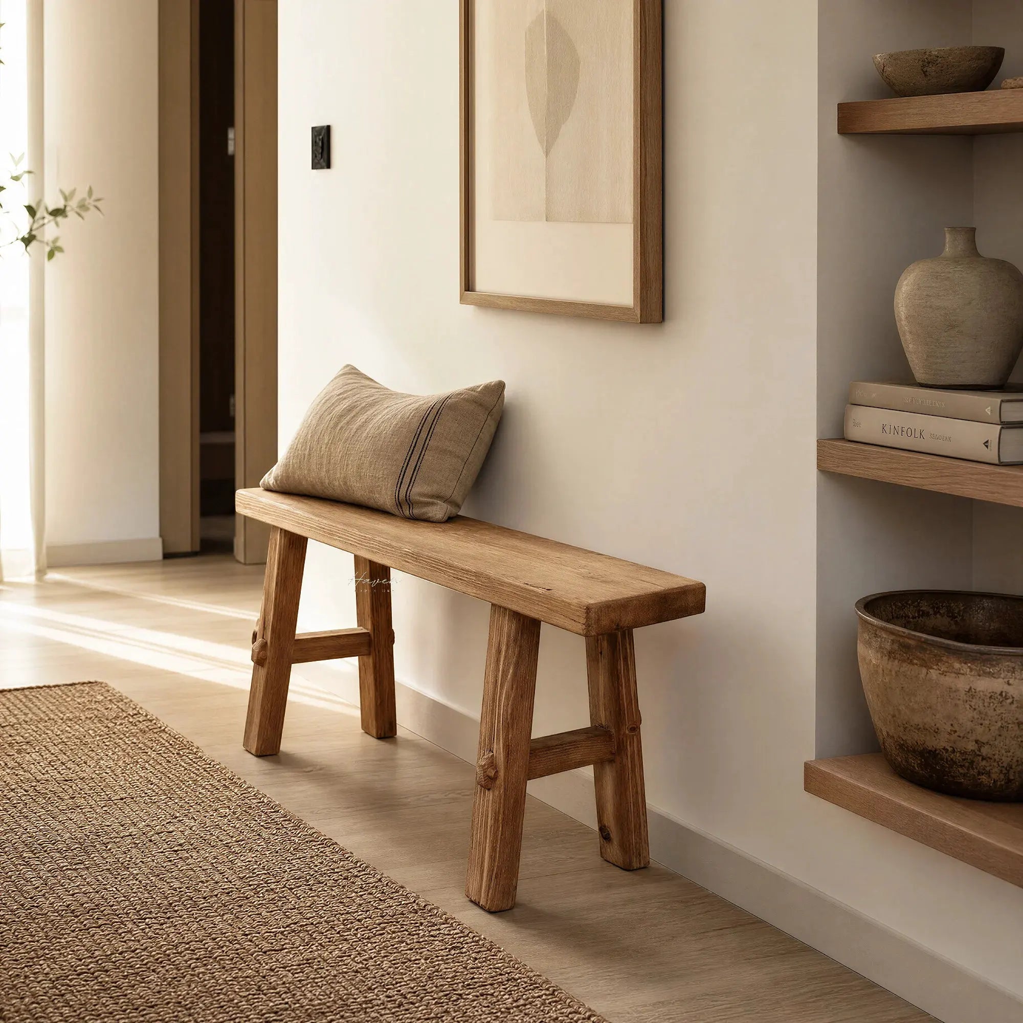 Reclaimed Wood Bench 80 sits in a warm, minimal space; elm grain, markings, and simple, sturdy form.