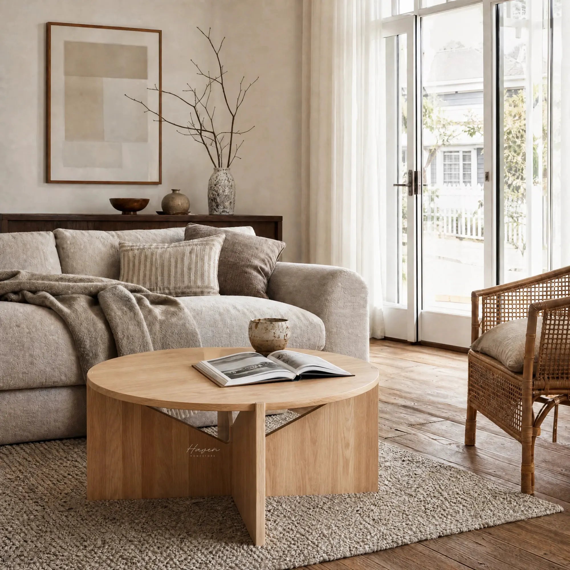 Kristina Dam Simple Table, FSC-certified oak round coffee table with sculptural silhouette in a serene living room.