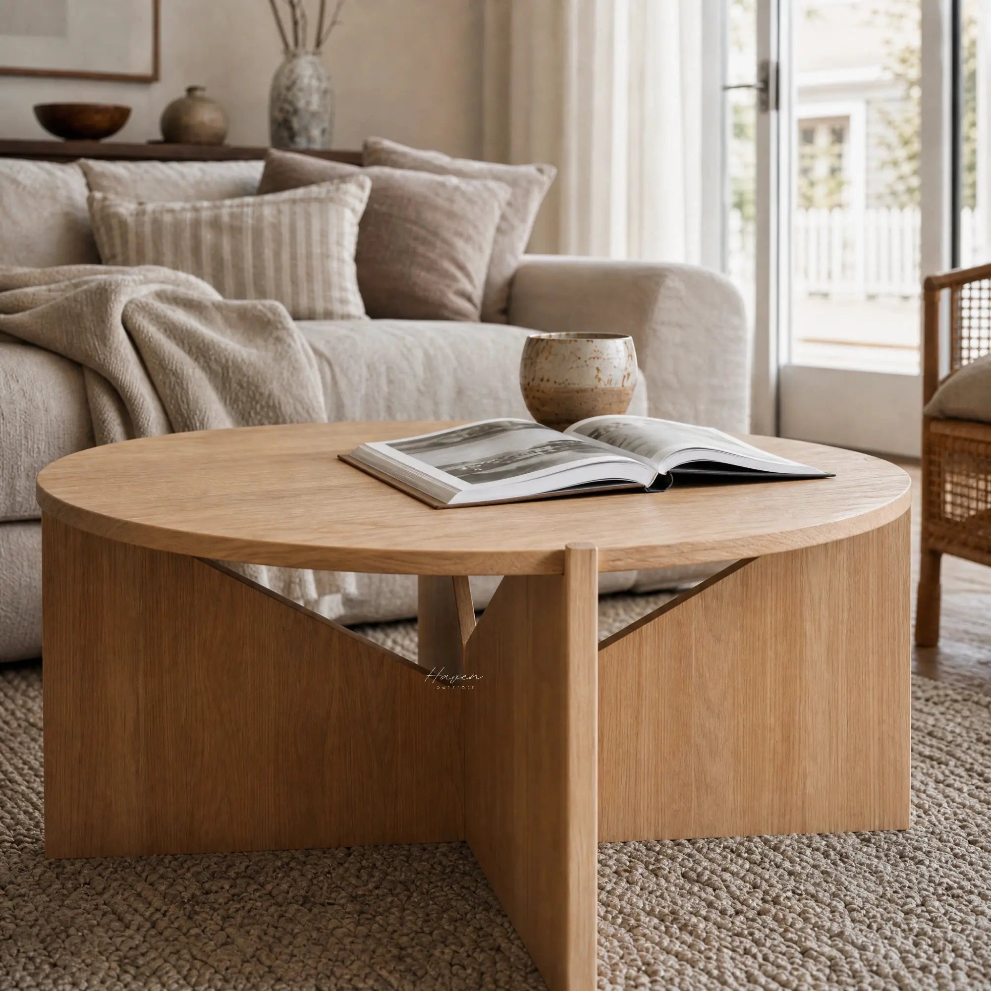 Kristina Dam Simple Table in FSC oak sits in a beige living room with a magazine open on its round surface.