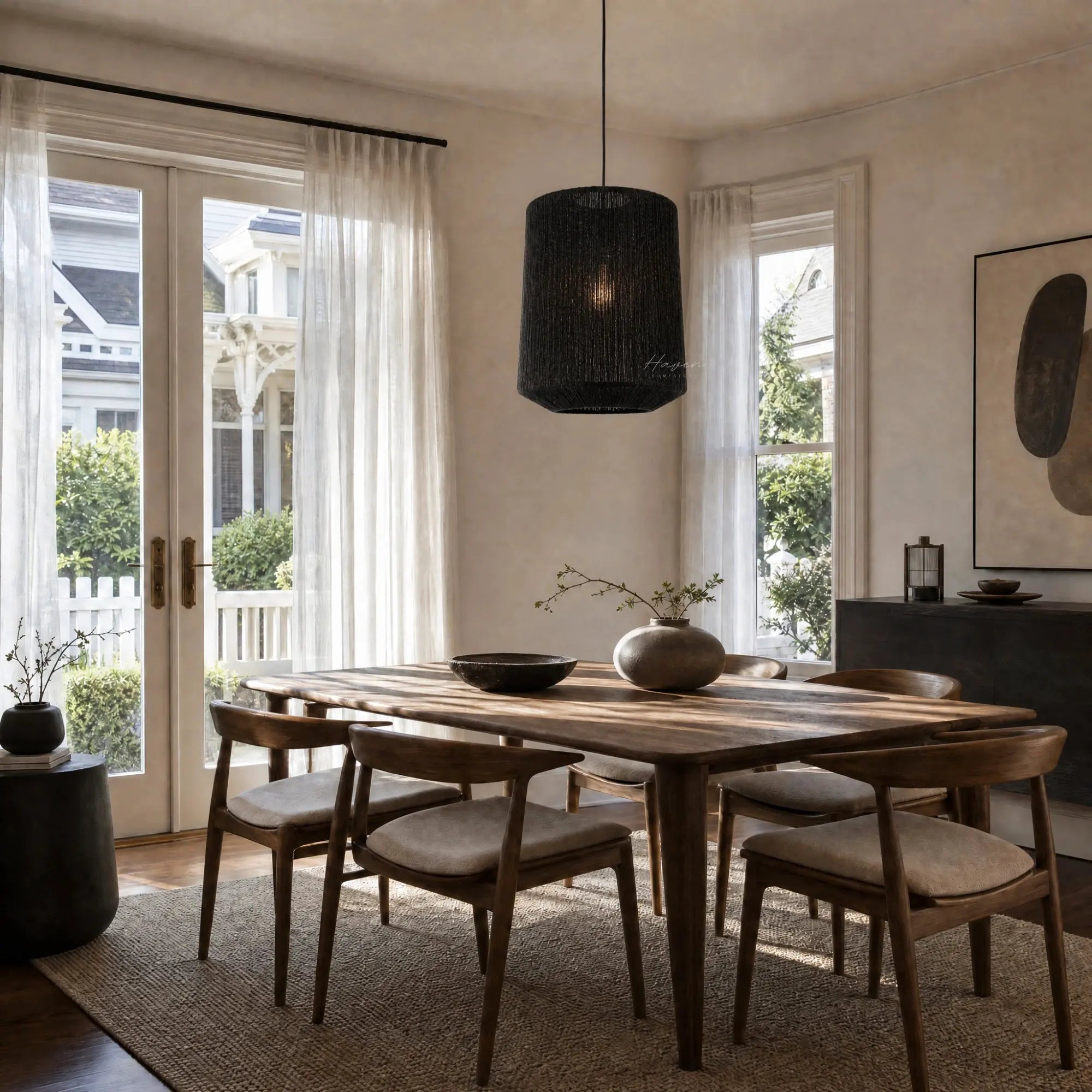 Ren Lampshade - Black woven pendant light over a wooden dining table in a bright room.