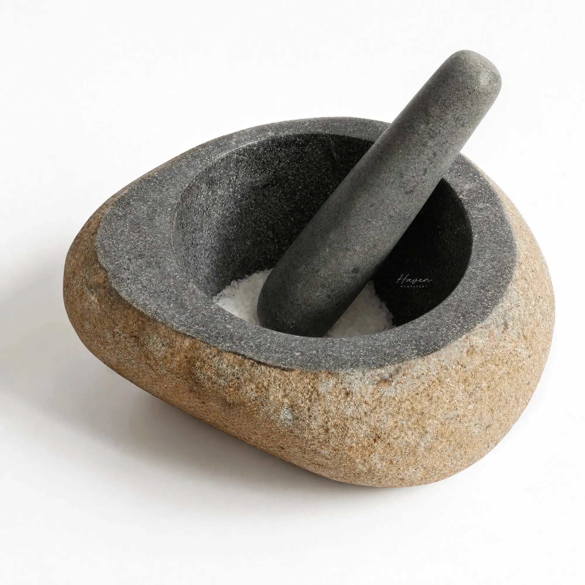 MUUBS Valley Mortar with riverstone pestle, hand-carved from natural stone