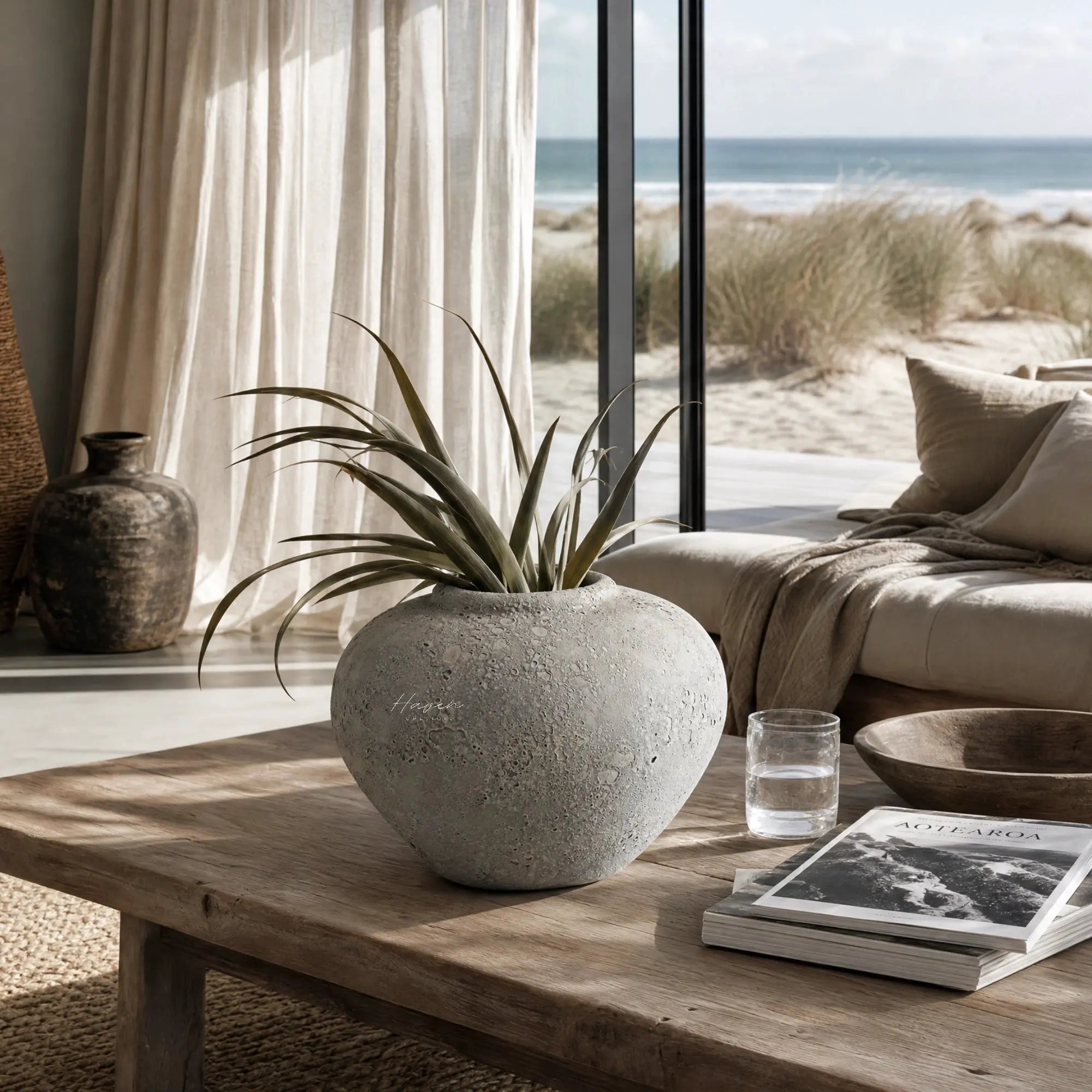 MUUBS® Pot Luna 18 grey ceramic planter with lunar texture, holding a plant on a wooden table by a beach view.