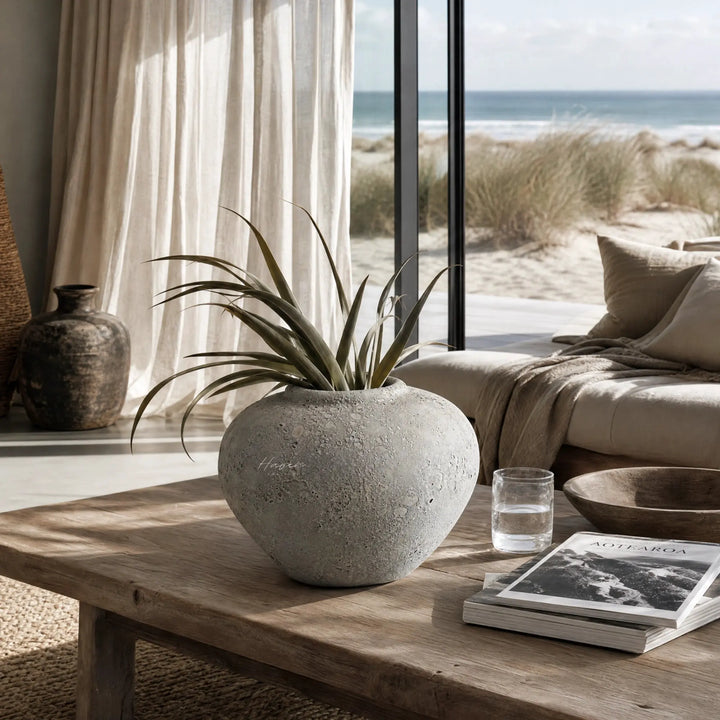 MUUBS® Pot Luna 18 grey ceramic planter with lunar texture, holding a plant on a wooden table by a beach view.