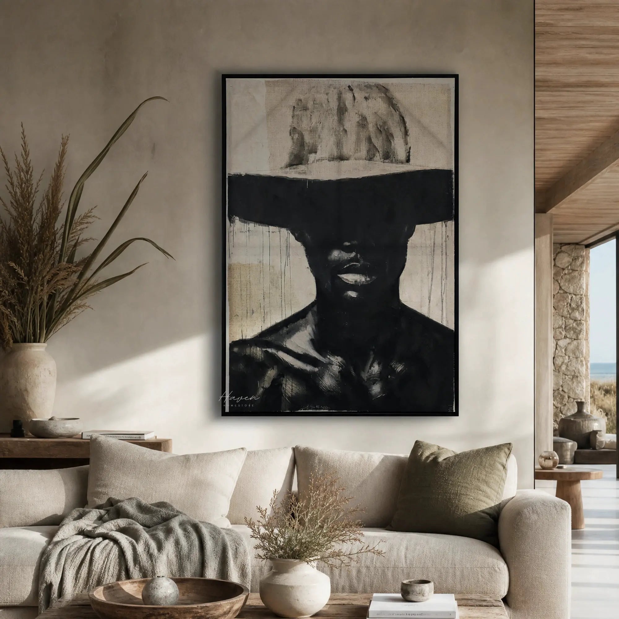 Hidden Horizon Wall Art: monochrome abstract portrait with bold contrast and layered texture on a neutral wall.