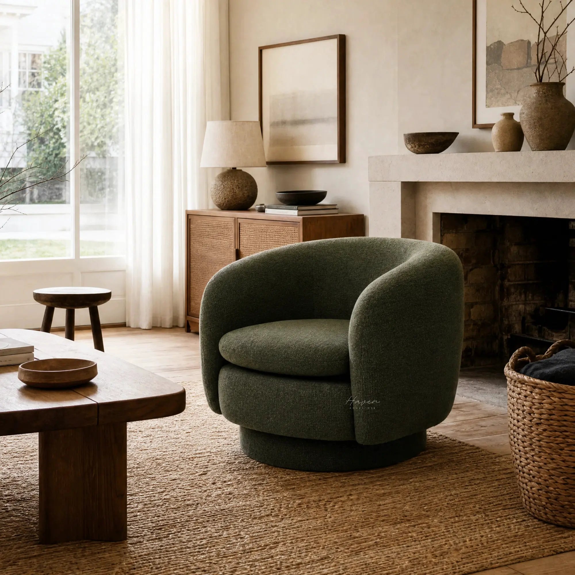 Monika Swivel Chair in deep green with a soft sculptural silhouette and swivel base in a cozy living room.