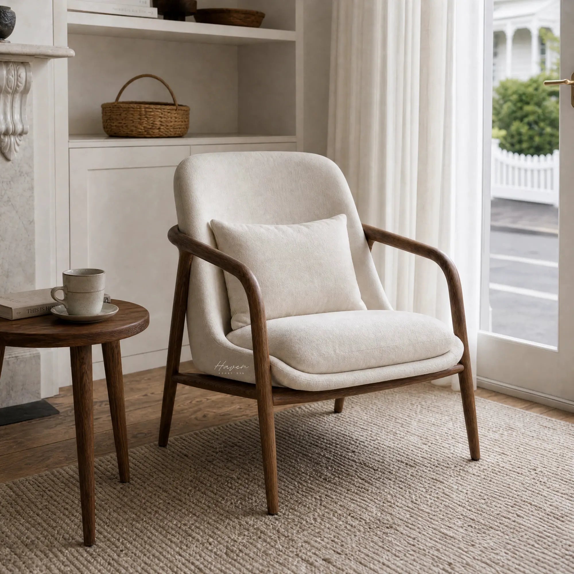 Lund Armchair with solid ash wood frame and plush polyester upholstery in a bright, Nordic-inspired room.