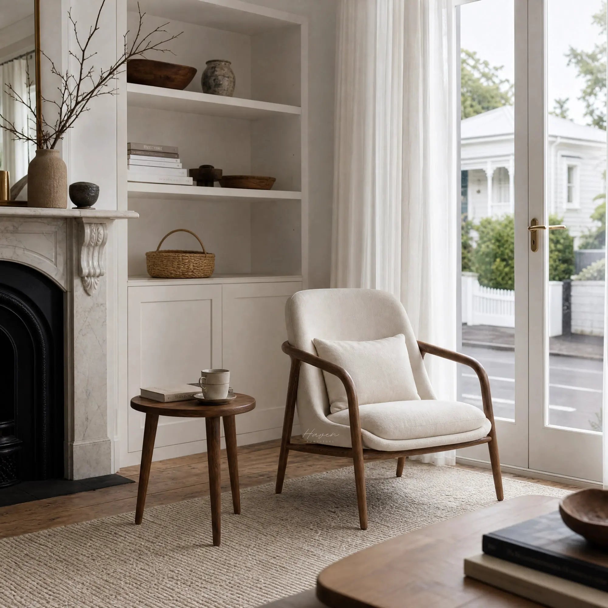Lund Armchair with ash wood frame and cushioned polyester upholstery in a serene, bright living room.