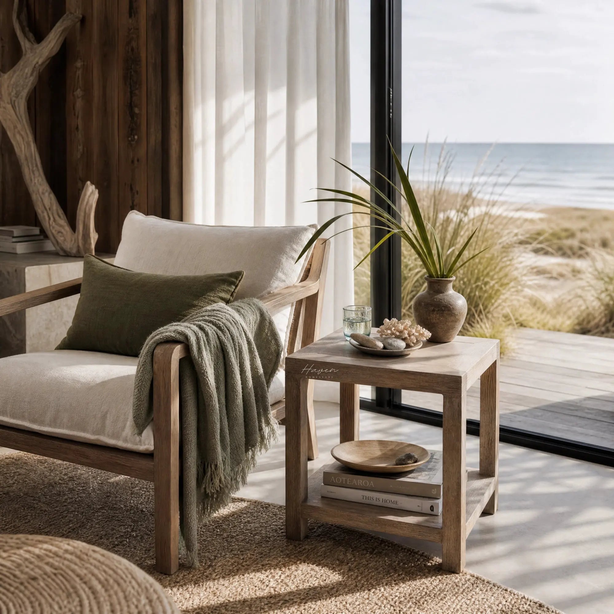 Driftwood Side Table in a coastal living room with weathered solid pine finish beside a beige sofa.