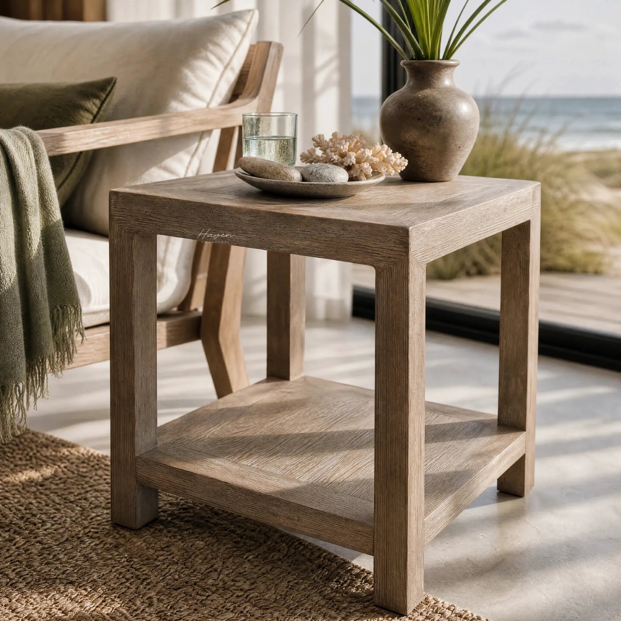 Driftwood Side Table sits in a coastal living space, paired with a vase and decorative stones.