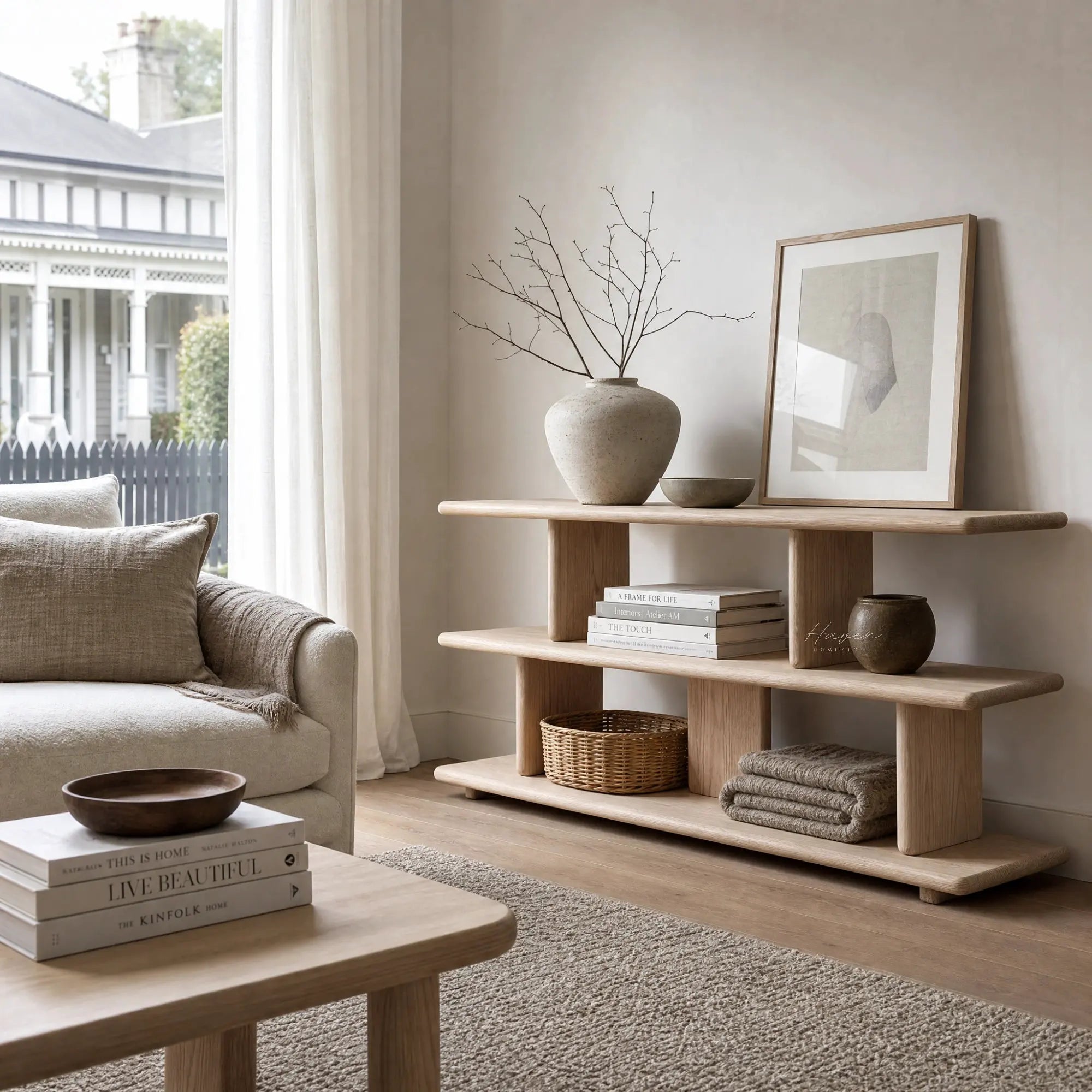Natural oak Norr Shelves with open layered design, displaying books, ceramics and framed art.