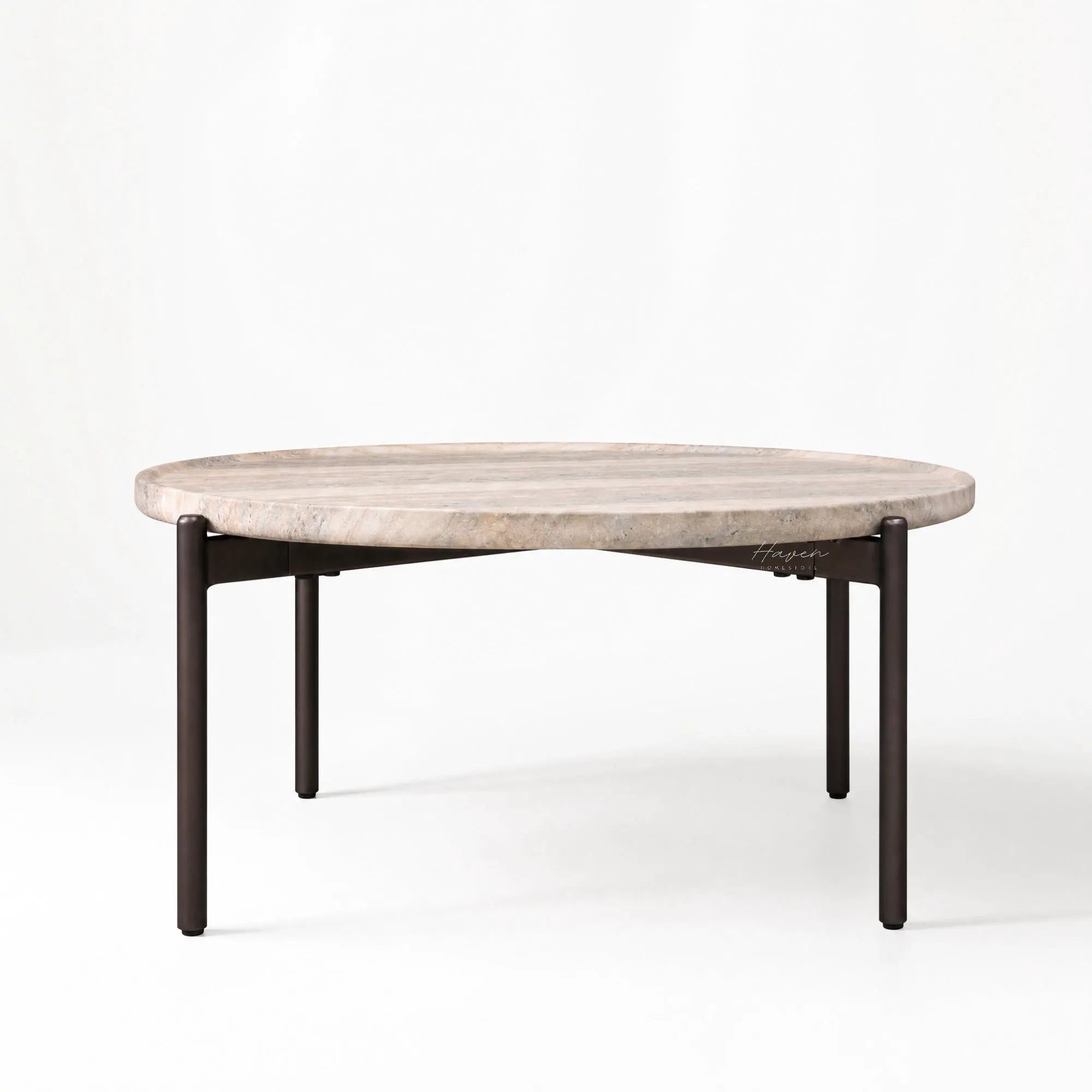 Sigrid Coffee Table with a dark travertine-like GRC top on a chocolate-brown metal frame.