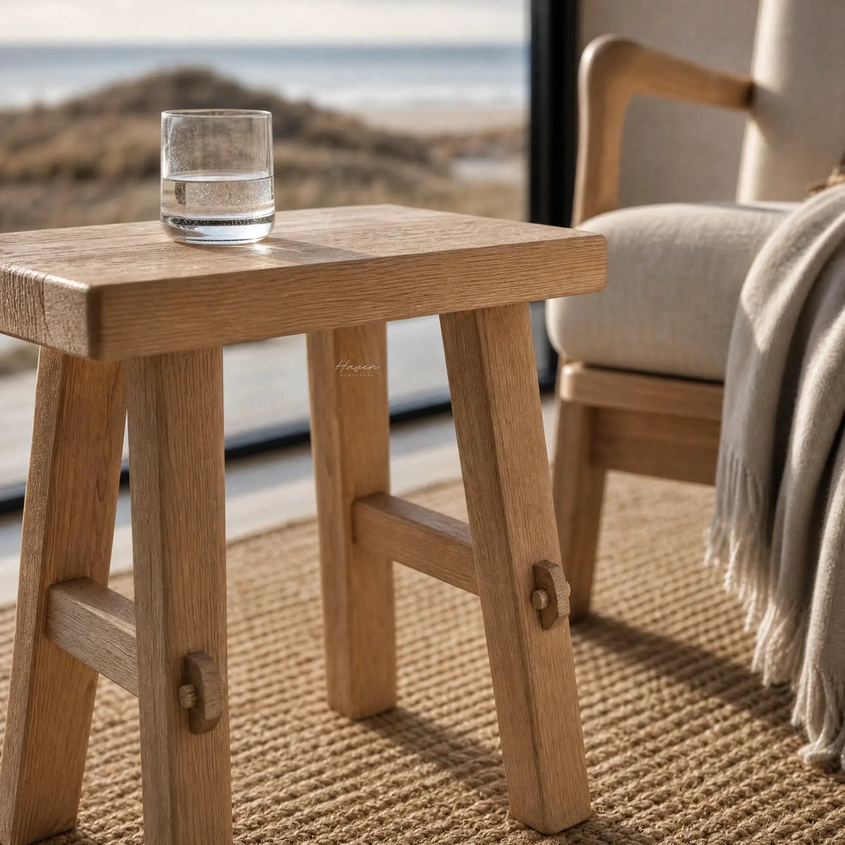 Asken Side Table / Stool in warm reclaimed elm with distinctive grain, knots and time-worn markings.