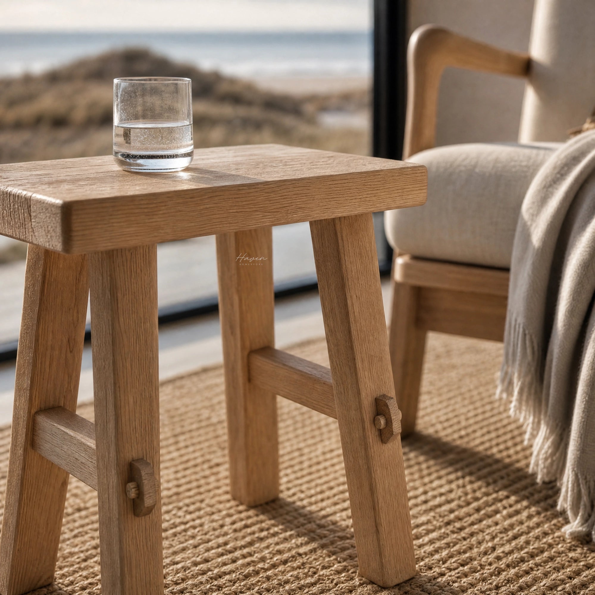 Asken Side Table / Stool in warm reclaimed elm with distinctive grain, knots and time-worn markings.