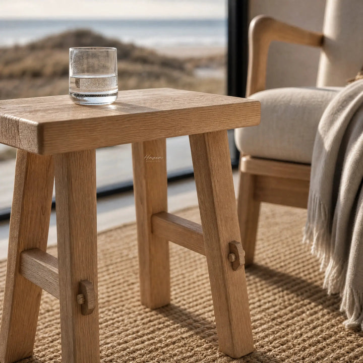 Asken Side Table / Stool in warm reclaimed elm with distinctive grain, knots and time-worn markings.