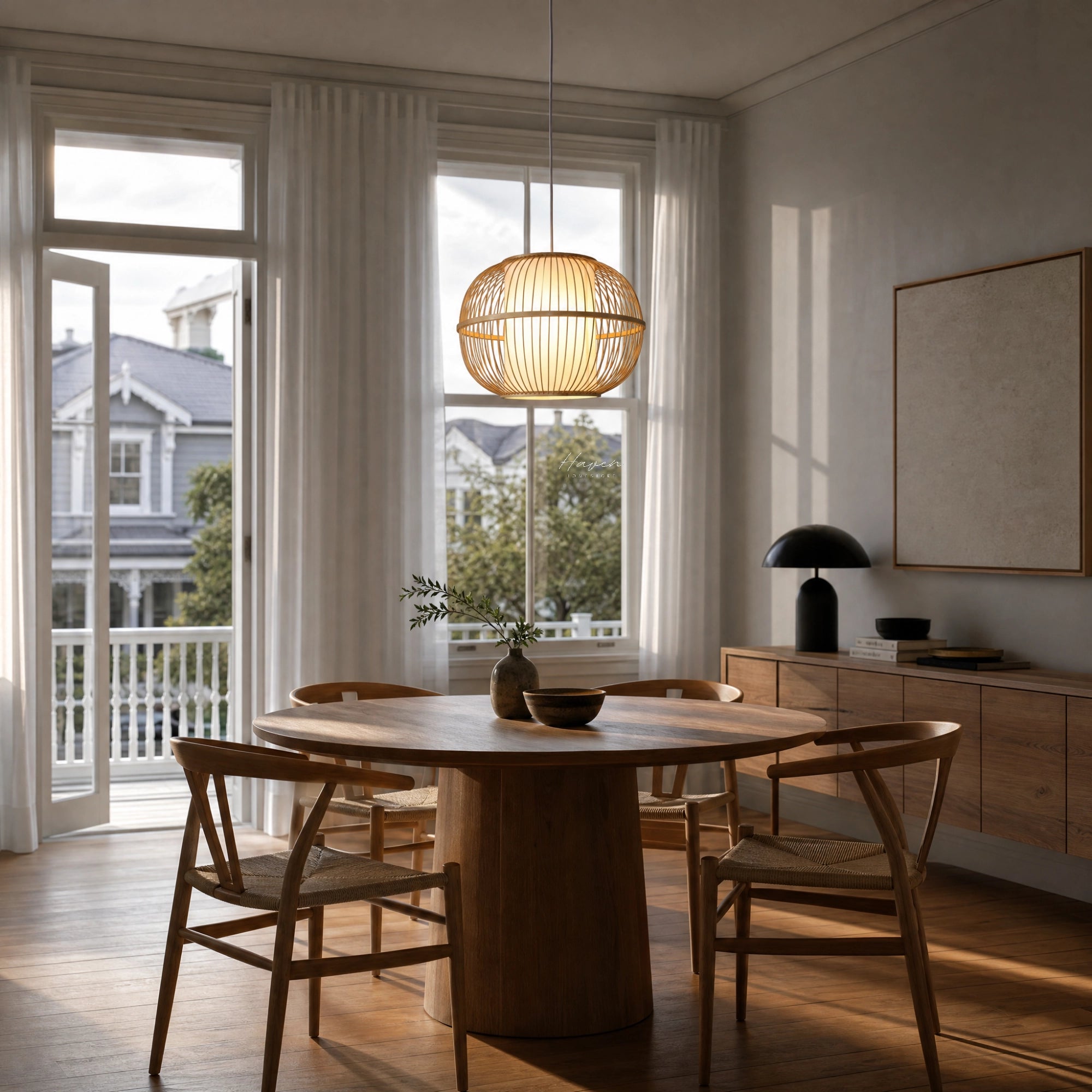 Kura Pendant Light with bamboo open-weave shade, softly diffused glow over round wooden dining table.