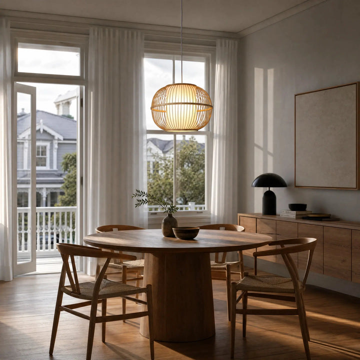 Kura Pendant Light with bamboo open-weave shade, softly diffused glow over round wooden dining table.