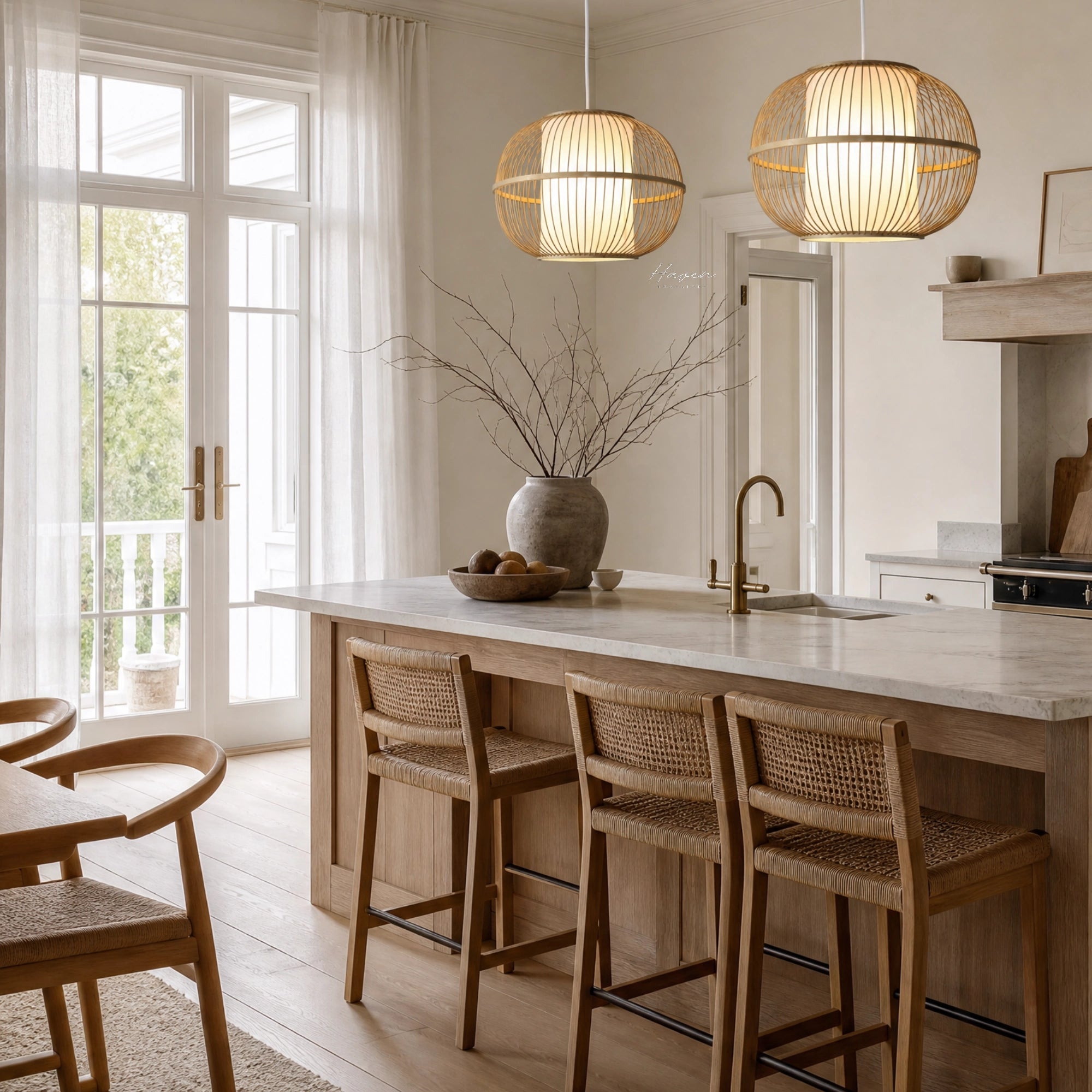 Two Kura Pendant Lights with bamboo open-weave shade and warm ambient glow over a kitchen island.