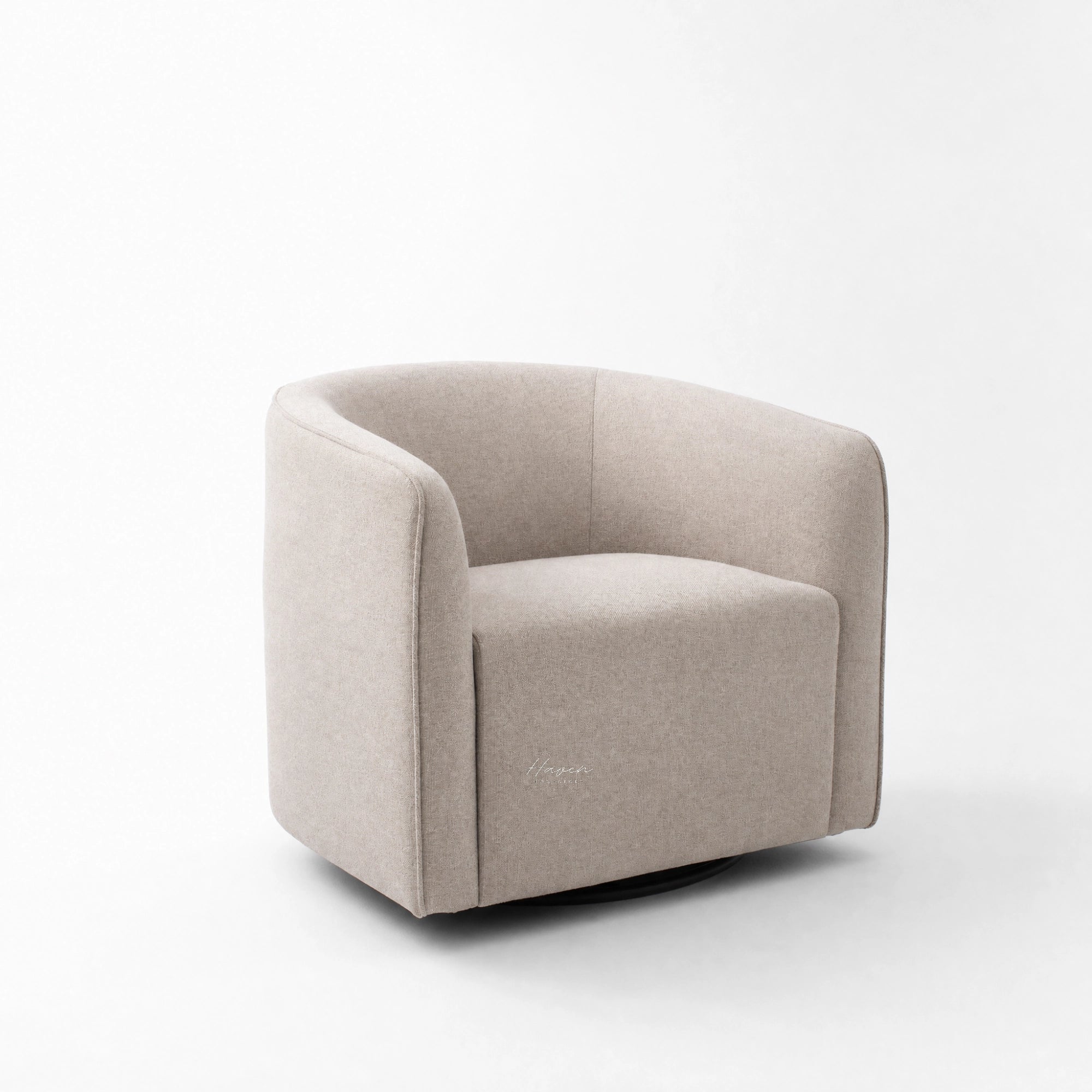Annika Swivel Chair with softly curved silhouette, textured beige polyester upholstery and swivel base.