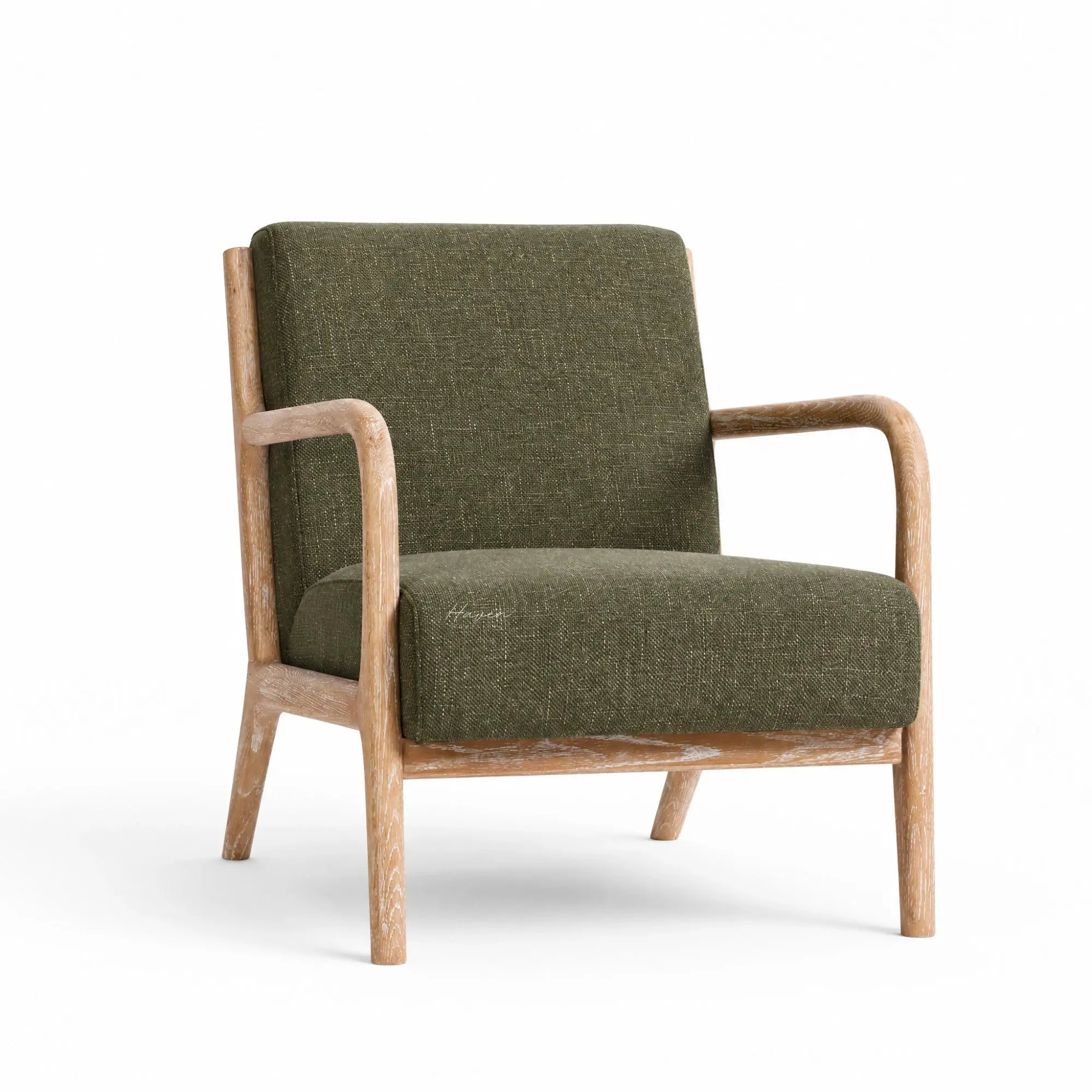 Tairua Lounge Chair in Seagrass upholstery with limewashed oak frame and curved arms.