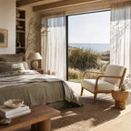 Tairua Lounge Chair in Seafoam with limewashed oak frame and softly textured upholstery, coastal living room scene.