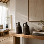 Chakōru Vase Set/2: hand-thrown terracotta vases with earthy texture by Filipino artisans on a wooden table.