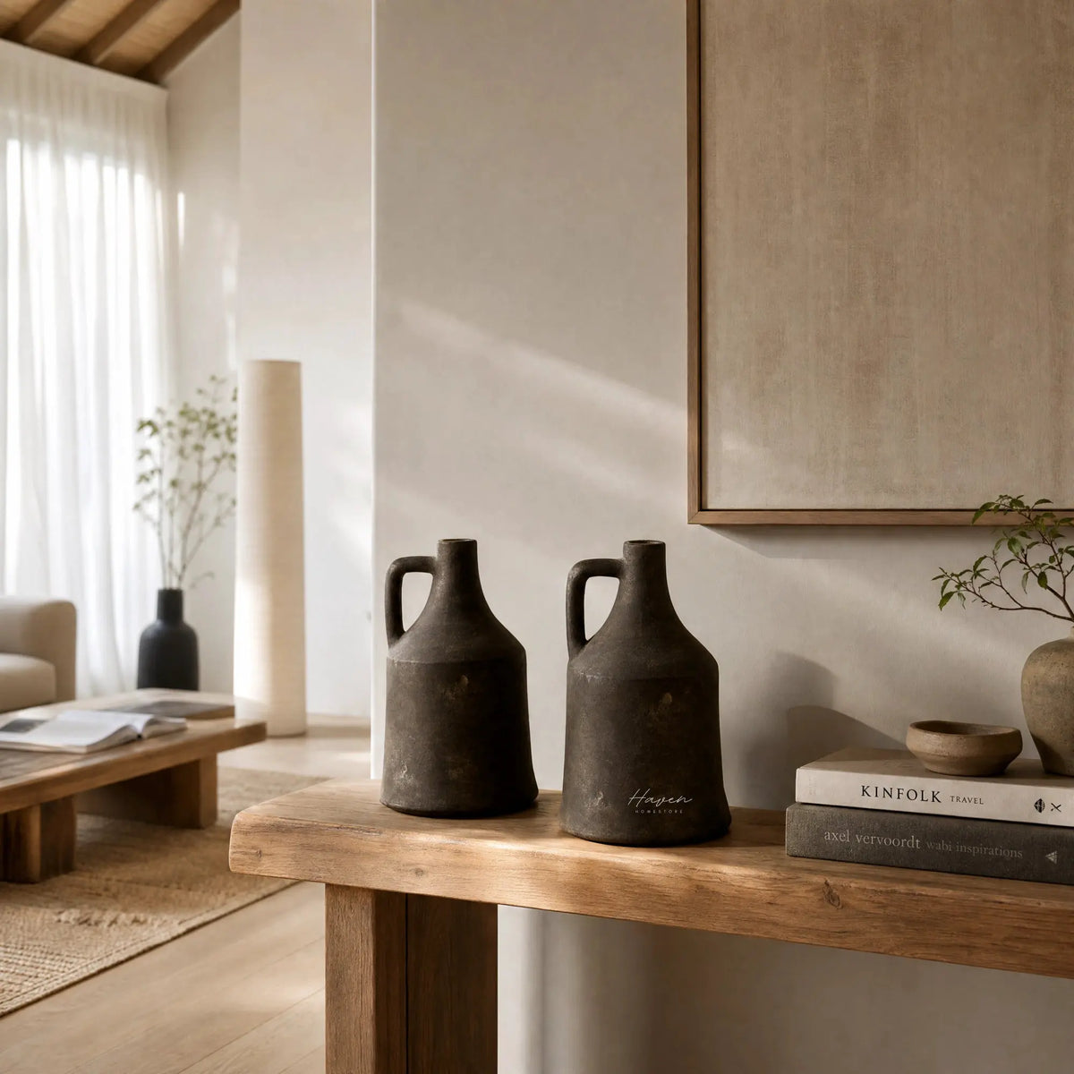 Chakōru Vase Set/2: hand-thrown terracotta vases with earthy texture by Filipino artisans on a wooden table.