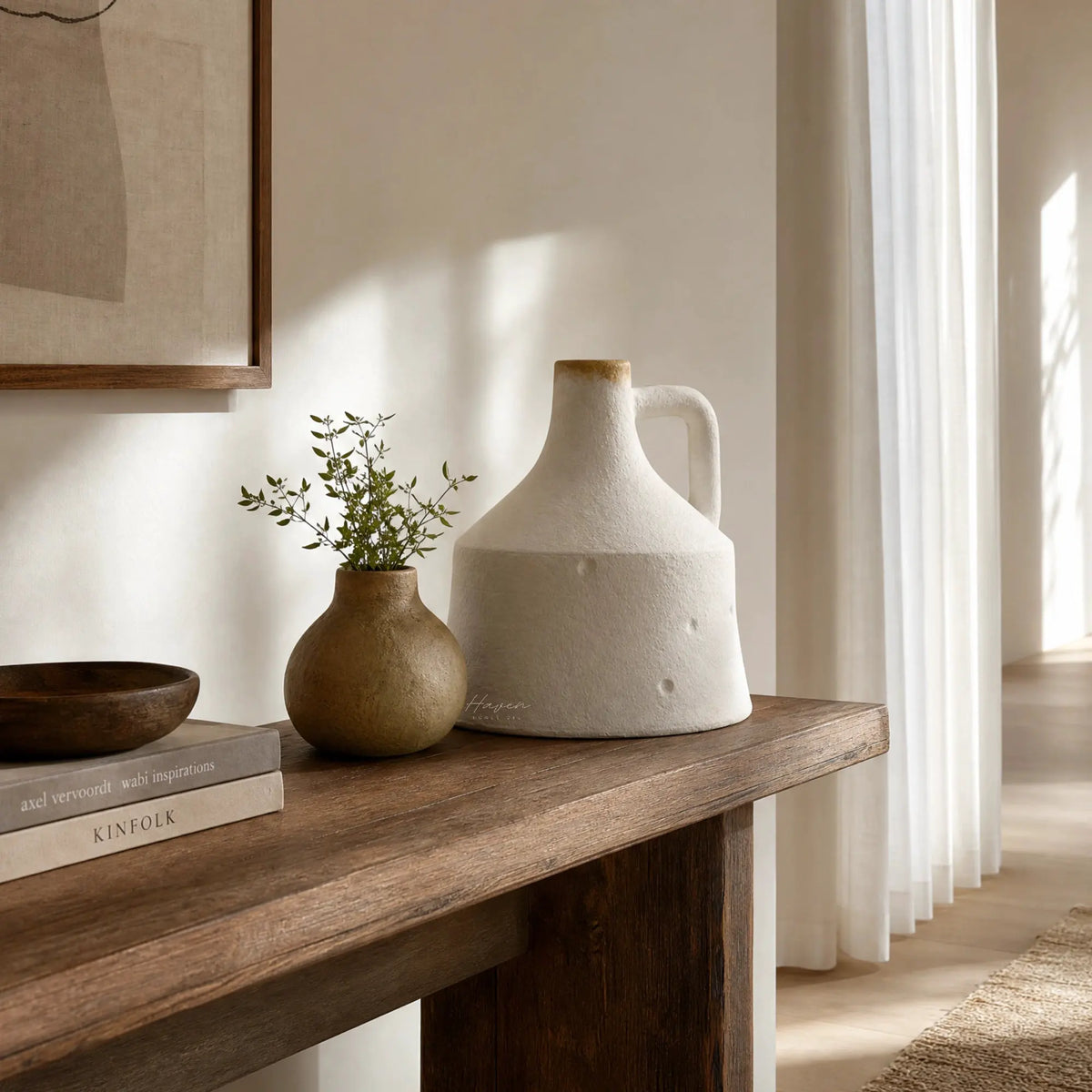 Yukina Vase Set/2: two kiln-fired, hand-decorated terracotta vases with a textured finish on a wooden console.