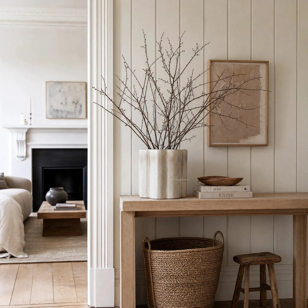 Broste Flowerpot Sonja Large ceramic crackle glaze vase with branches on a wooden console.