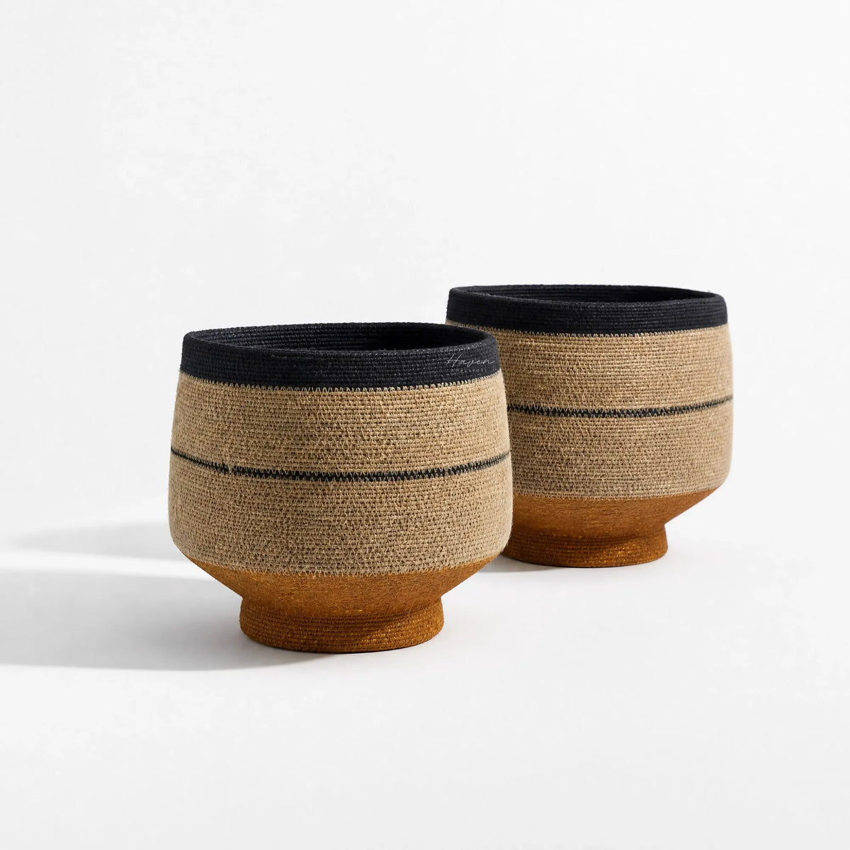 Pari Basket Set/2: handwoven seagrass baskets with a denim blue stripe and a mustard base, timeless shape.