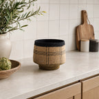 Vamika Basket Set/2: handcrafted seagrass baskets with a deep denim crosshatch pattern.