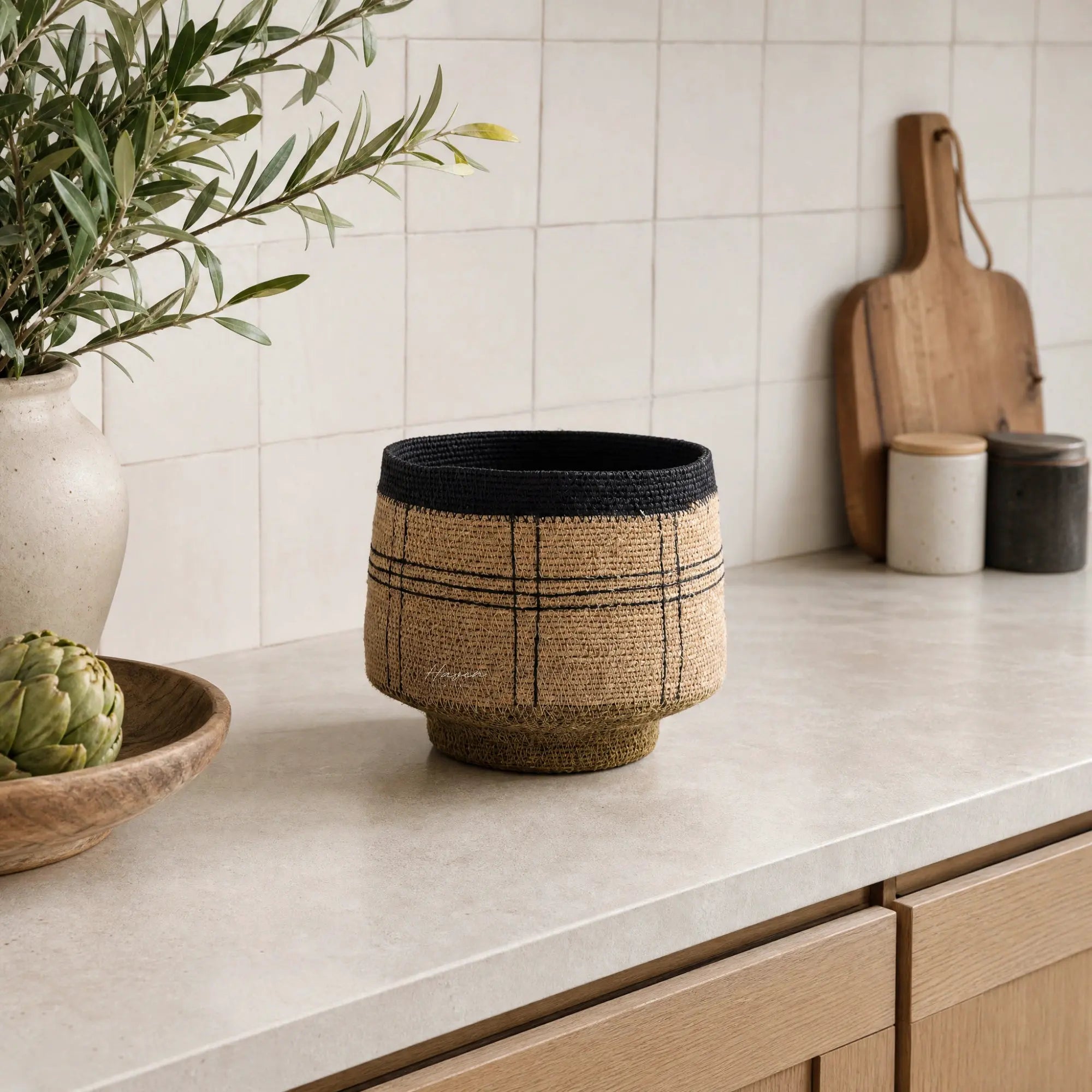 Vamika Basket Set/2: handcrafted seagrass baskets with a deep denim crosshatch pattern.